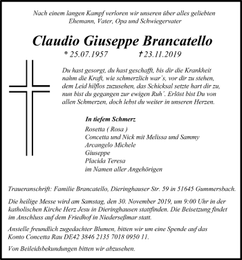Anzeige von Claudio Giuseppe Brancatello von  Anzeigen Echo 