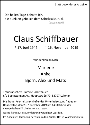Anzeige von Claus Schiffbauer von Kölner Stadt-Anzeiger / Kölnische Rundschau / Express