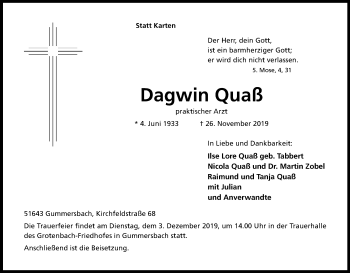 Anzeige von Dagwin Quaß von Kölner Stadt-Anzeiger / Kölnische Rundschau / Express