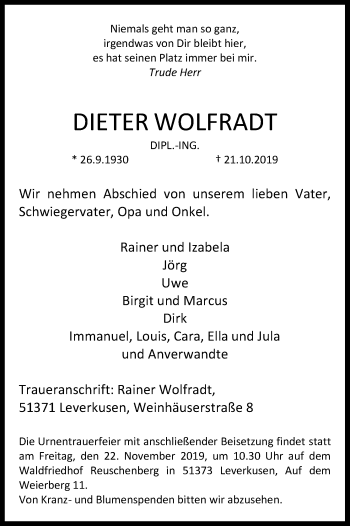 Anzeige von Dieter Wolfradt von Kölner Stadt-Anzeiger / Kölnische Rundschau / Express