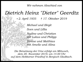 Anzeige von Dietrich Heinz  Geerdtz von Kölner Stadt-Anzeiger / Kölnische Rundschau / Express