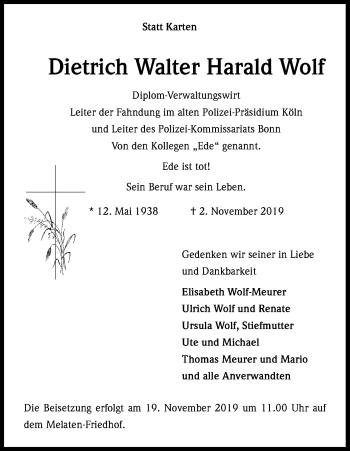Anzeige von Dietrich Walter Harald Wolf von Kölner Stadt-Anzeiger / Kölnische Rundschau / Express