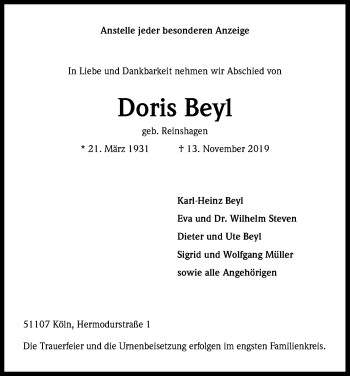 Anzeige von Doris Beyl von Kölner Stadt-Anzeiger / Kölnische Rundschau / Express
