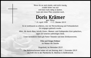 Anzeige von Doris Krämer von Kölner Stadt-Anzeiger / Kölnische Rundschau / Express