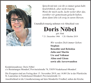 Anzeige von Doris Nöbel von Kölner Stadt-Anzeiger / Kölnische Rundschau / Express
