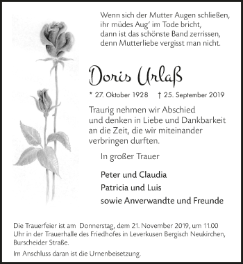Anzeige von Doris Urlaß von  Sonntags-Post 