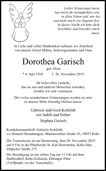 Anzeige von Dorothea Garisch von Kölner Stadt-Anzeiger / Kölnische Rundschau / Express