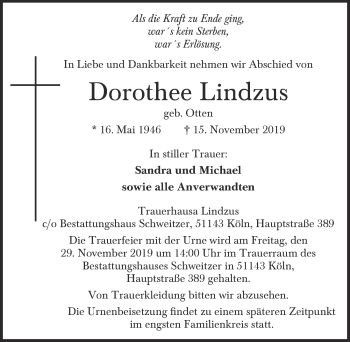 Anzeige von Dorothee Lindzus von  Kölner Wochenspiegel 
