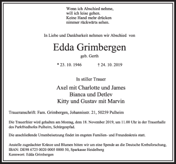 Anzeige von Edda Grimbergen von  Sonntags-Post 