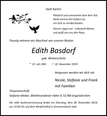 Anzeige von Edith Basdorf von  Anzeigen Echo 