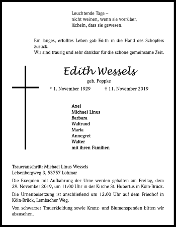 Anzeige von Edith Wessels von Kölner Stadt-Anzeiger / Kölnische Rundschau / Express