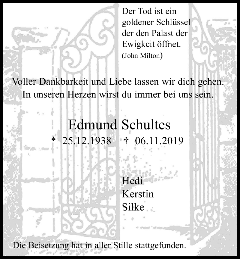  Traueranzeige für Edmund Schultes vom 16.11.2019 aus Kölner Stadt-Anzeiger / Kölnische Rundschau / Express