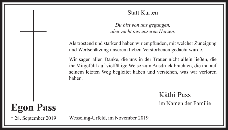  Traueranzeige für Egon Pass vom 13.11.2019 aus  Schlossbote/Werbekurier 