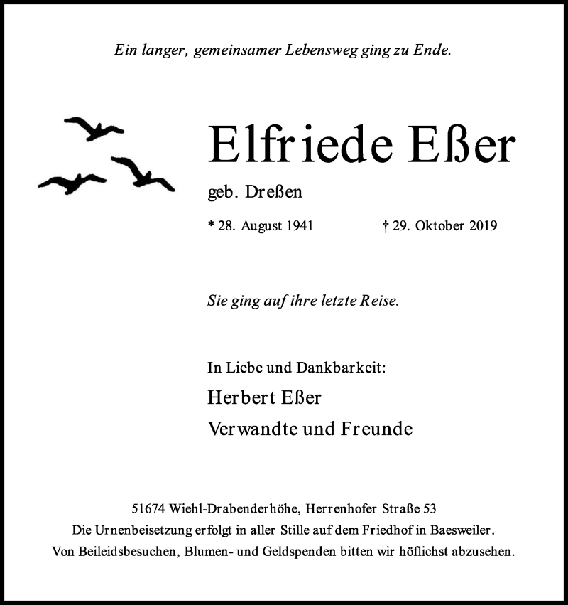  Traueranzeige für Elfriede Eßer vom 02.11.2019 aus Kölner Stadt-Anzeiger / Kölnische Rundschau / Express