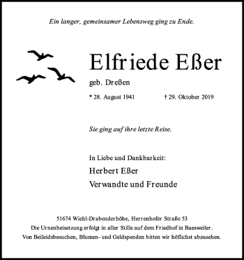 Anzeige von Elfriede Eßer von Kölner Stadt-Anzeiger / Kölnische Rundschau / Express