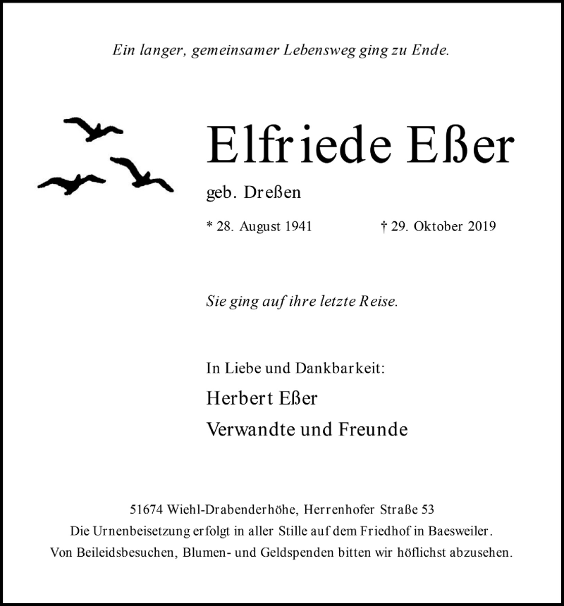  Traueranzeige für Elfriede Eßer vom 06.11.2019 aus  Anzeigen Echo  Extra Blatt 