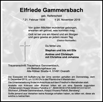 Anzeige von Elfriede Gammersbach von Kölner Stadt-Anzeiger / Kölnische Rundschau / Express