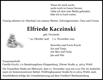 Anzeige von Elfriede Kaczinski von Kölner Stadt-Anzeiger / Kölnische Rundschau / Express