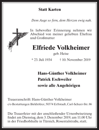 Anzeige von Elfriede Volkheimer von  Werbepost 