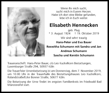 Anzeige von Elisabeth Hennecken von Kölner Stadt-Anzeiger / Kölnische Rundschau / Express
