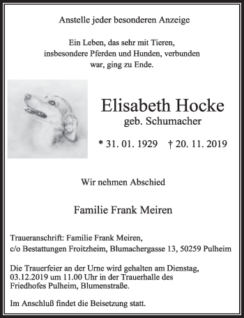 Anzeige von Elisabeth Hocke von  Sonntags-Post 