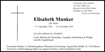Anzeige von Elisabeth Munker von Kölner Stadt-Anzeiger / Kölnische Rundschau / Express
