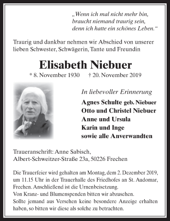 Anzeige von Elisabeth Niebuer von  Wochenende 