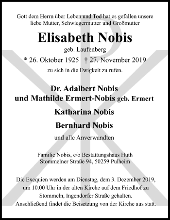 Anzeige von Elisabeth Nobis von Kölner Stadt-Anzeiger / Kölnische Rundschau / Express