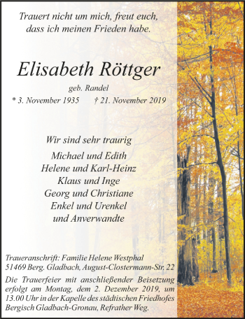 Anzeige von Elisabeth Röttger von  Bergisches Handelsblatt 