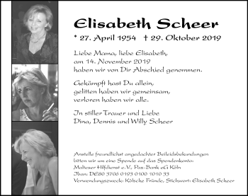 Anzeige von Elisabeth Scheer von Kölner Stadt-Anzeiger / Kölnische Rundschau / Express