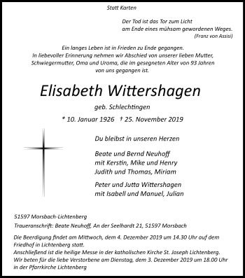 Anzeige von Elisabeth Wittershagen von Kölner Stadt-Anzeiger / Kölnische Rundschau / Express