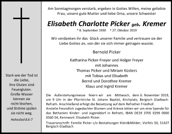 Anzeige von Elisabeth Charlotte Picker von Kölner Stadt-Anzeiger / Kölnische Rundschau / Express