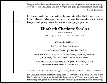 Anzeige von Elisabeth Charlotte Stocker von Kölner Stadt-Anzeiger / Kölnische Rundschau / Express