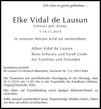 Anzeige von Elke Vidal de Lausun von Kölner Stadt-Anzeiger / Kölnische Rundschau / Express