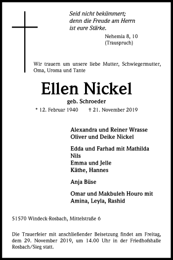 Anzeige von Ellen Nickel von Kölner Stadt-Anzeiger / Kölnische Rundschau / Express