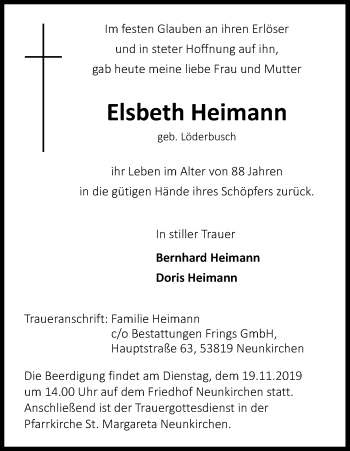 Anzeige von Elsbeth Heimann von Kölner Stadt-Anzeiger / Kölnische Rundschau / Express