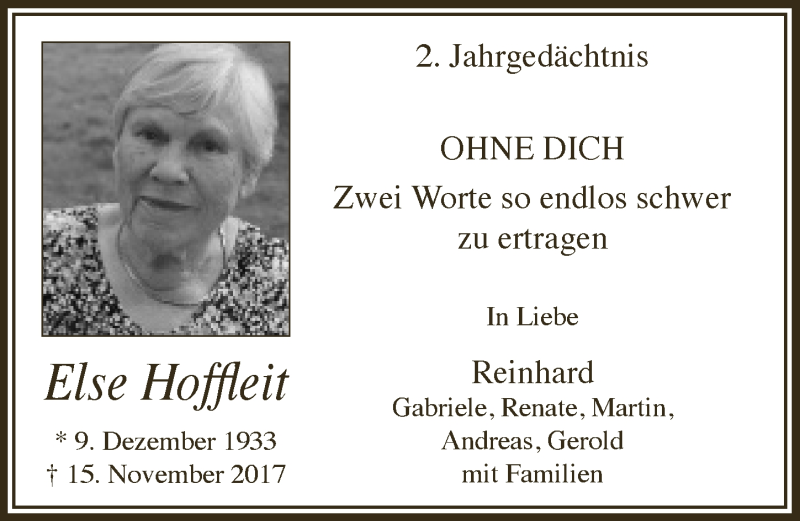  Traueranzeige für Else Hoffleit vom 13.11.2019 aus  Bergisches Handelsblatt 