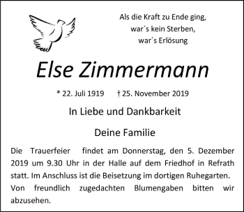 Anzeige von Else Zimmermann von  Bergisches Sonntagsblatt 