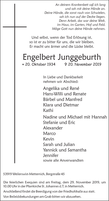 Anzeige von Engelbert Junggeburth von  Blickpunkt Euskirchen 