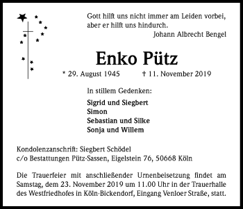 Anzeige von Enko Pütz von Kölner Stadt-Anzeiger / Kölnische Rundschau / Express