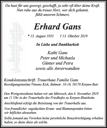 Anzeige von Erhard Gans von  Sonntags-Post 