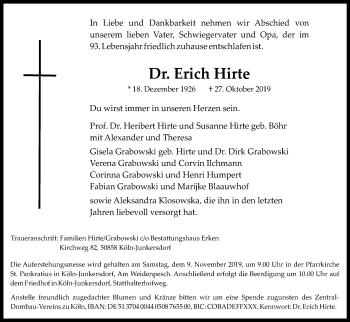 Anzeige von Erich Hirte von Kölner Stadt-Anzeiger / Kölnische Rundschau / Express