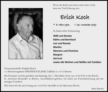 Anzeige von Erich Koch von Kölner Stadt-Anzeiger / Kölnische Rundschau / Express