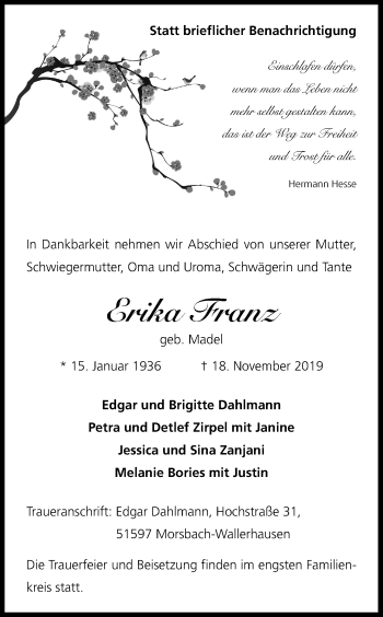 Anzeige von Erika Franz von Kölner Stadt-Anzeiger / Kölnische Rundschau / Express