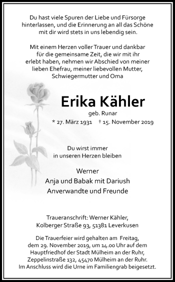 Anzeige von Erika Kähler von Kölner Stadt-Anzeiger / Kölnische Rundschau / Express