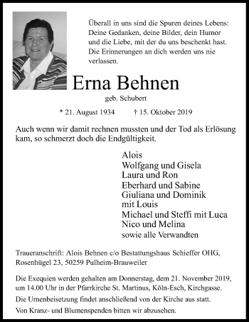 Anzeige von Erna Behnen von Kölner Stadt-Anzeiger / Kölnische Rundschau / Express
