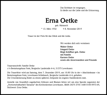 Anzeige von Erna Oetke von Kölner Stadt-Anzeiger / Kölnische Rundschau / Express