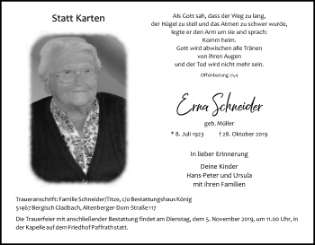Anzeige von Erna Schneider von Kölner Stadt-Anzeiger / Kölnische Rundschau / Express