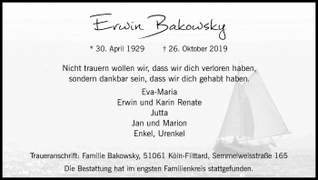 Anzeige von Erwin Bakowsky von Kölner Stadt-Anzeiger / Kölnische Rundschau / Express