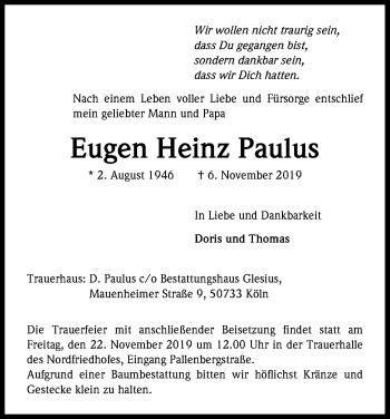 Anzeige von Eugen Heinz Paulus von Kölner Stadt-Anzeiger / Kölnische Rundschau / Express